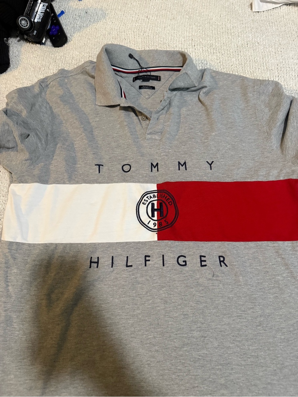 Tommy Hilfiger Grey Polo with Red & White Chest Band